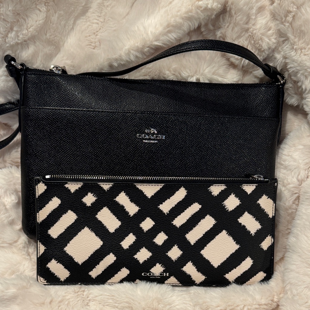 2 Piece Coach Crossbody Bag With Cream/Black Pouch. Silver Hardware! Excellent